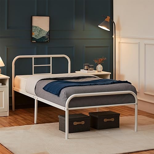 Yaheetech Metallbett 90 x 200 cm Bettrahmen mit Lattenrost Bettgestelle mit Kopfteil Einzelbett Gästebett für Schlafzimmer Gästezimmer Weiß von Yaheetech