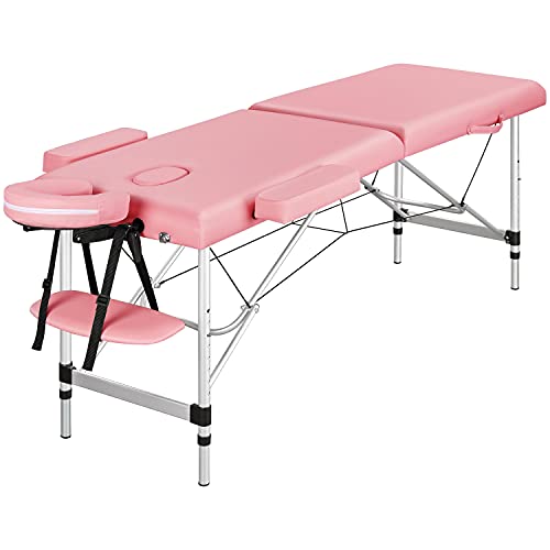 Yaheetech Mobile Aluminium Massageliege Höhenverstellbar 2-Zonen Massagebett mit Kopfstütze & Armlehnen & Tasche, Hellrosa von Yaheetech