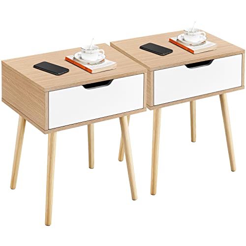 Yaheetech Nachttisch 2er Set Beistelltisch Nachtkommode mit Schublade Holzbeine Sofatisch Nachtschrank Boxspringbett Nachtkommode für Schlafzimmer/Wohnzimmer, Hellbraun von Yaheetech