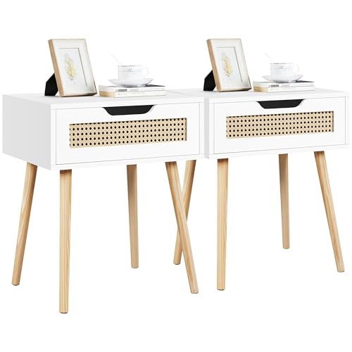 Yaheetech Nachttisch 2er Set Beistelltisch Rattan Nachtkommode mit Schublade Schlichter Boxspringbett Nachtschrank Holzbeine Sofatisch Nachtkonsole 48,5 cm L × 41 cm B × 57,5 cm H, Weiß von Yaheetech