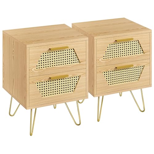 Yaheetech Nachttisch 2er Set Beistelltisch mit 2 Schubladen Rattan Nachtschrank Nachtkommode Metallbeine Sofatisch Couchtisch für Schlafzimmer, Hellbraun von Yaheetech