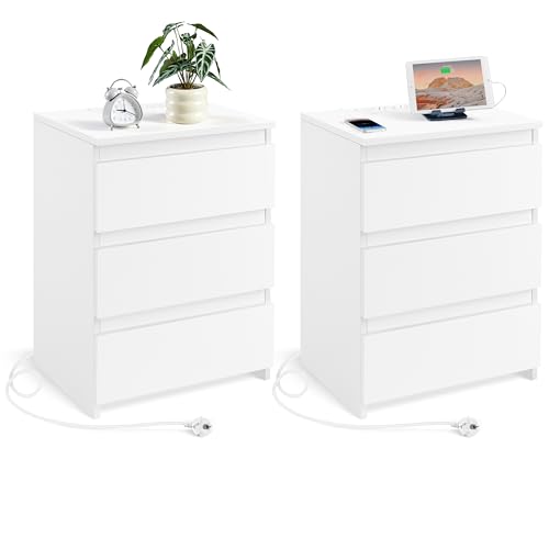 Yaheetech Nachttisch 2er Set Beistelltisch mt 2 AC-Steckdosen, 2 USB-Anschlüsse und 3 Schubladen Boxspringbett Nachtschrank Nachtkommode für Schlafzimmer Wohnzimmer, Weiß von Yaheetech