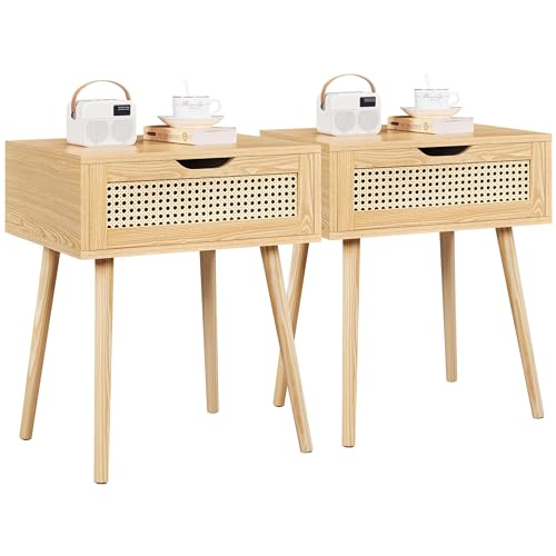 Yaheetech Nachttisch 2er Set mit Schublade Beistelltisch Rattan Nachtkommode Holzbeine Nachtschrank Sofatisch Boxspringbett Nachtkommode 48,5 cm L × 41 cm B × 57,5 cm H, Hellbraun von Yaheetech