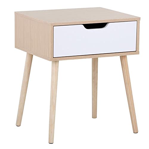 Yaheetech Nachttisch Nachtkommode nordisch Beistelltisch Kiefernholz Stoffschublade Massiv Kommode Sideboard Couchtisch mit 4 Füßen von Yaheetech