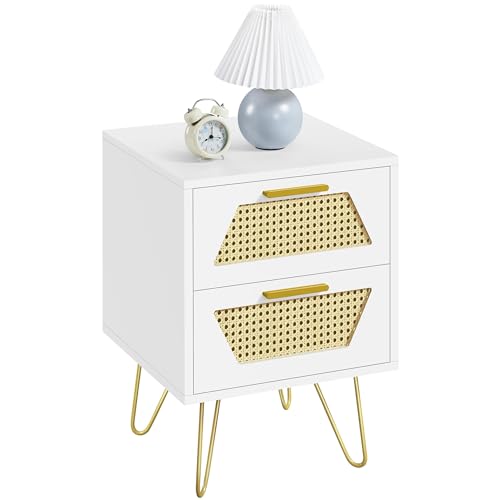 Yaheetech Nachttisch Nachtschrank mit 2 Schubladen Rattan-Design Beistelltisch mit 2 Schubladen Metallbeine Sofatisch Nachtkommode für Boxsprinbgett, Weiß von Yaheetech