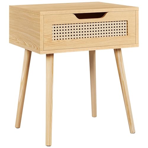 Yaheetech Nachttisch Rattan Beistelltisch Nachtkommode mit 1 Schublade Holzbeine Sofatisch Nachtschrank Schlichte Nachtkommode fürs Wohnzimmer/Schlafzimmer, Hellbraun von Yaheetech