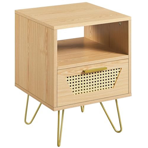 Yaheetech Nachttisch Rattan Beistelltisch Nachtschrank für Boxspringbett Nachtkommode mit 1 Schublade und 1 offenen Ablagefach Metallbeine Sofatisch 40 × 40 × 55 cm, Hellbraun von Yaheetech