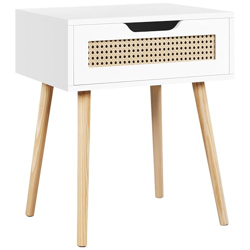 Yaheetech Nachttisch Rattan Beistelltish mit 1 Schublade Holzbeine Nachtschrank Nachtkommode Moderner Nachtkästchen für Wohnzimmer/Schlafzimmer, Weiß von Yaheetech