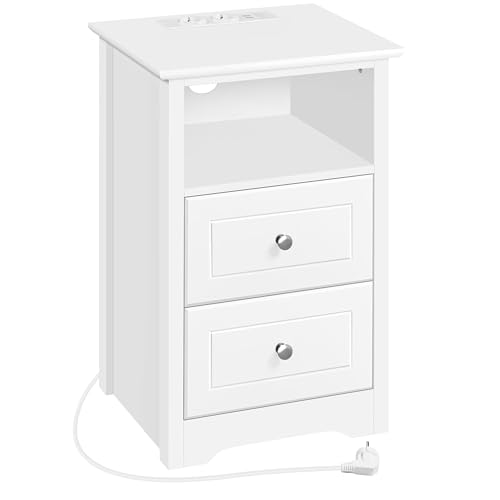 Yaheetech Nachttisch mit Steckdoese und USB-Aschlüssen Beistelltisch Holz 2 Schubladen Nachtschrank Boxspringbett Nachtkommode mit 1 offenes Fach Sofatisch für Wohnzimmer Schlafzimmer, Weiß von Yaheetech