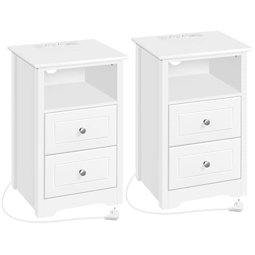Yaheetech Nachttische 2er Set Beistelltisch mit Ladestation und 2 Schubladen Moderner Nachtschrank Holz Couchtisch Sofatisch für Schlafzimmer, Wohnzimmer, Weiß von Yaheetech