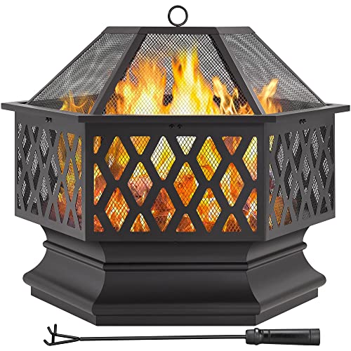 Yaheetech Ø 71cm Feuerschale mit Funkenschutz & Schürhak, Sechseckige Feuerstelle, Multifunktional Feuerkorb, Fire Pit, Feuerschalen für den Garten, Heizung,Terrasse und Camping von Yaheetech