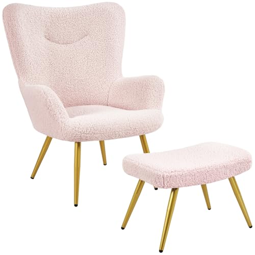Yaheetech Ohrensessel mit Hocker Polyester-Bezug, Fernsehsessel Armlehnensessel Polstersessel Relaxsessel Cocktailsessel Teddy-Plüsch Stilvolles Design Rosa von Yaheetech