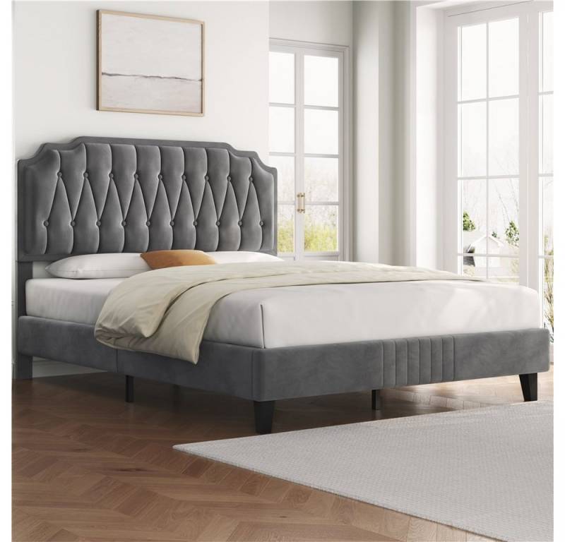 Yaheetech Polsterbett Bettgestell, Doppelbett 140 × 200 cm mit höhenverstellbarem Kopfteil, Dunkelgrau von Yaheetech