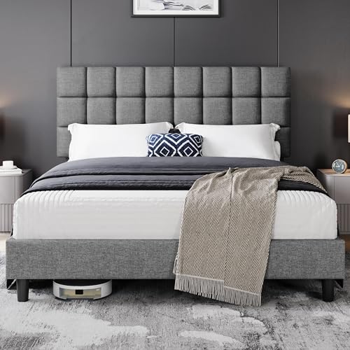 Yaheetech Polsterbett 160 x 200 cm Doppelbett mit Höhenverstellbarem Kopfteil, Stabiler Bettrahmen Stoffbett mit Lattenrost, Gepolstertes Bettgestell Bett, Hellgrau von Yaheetech