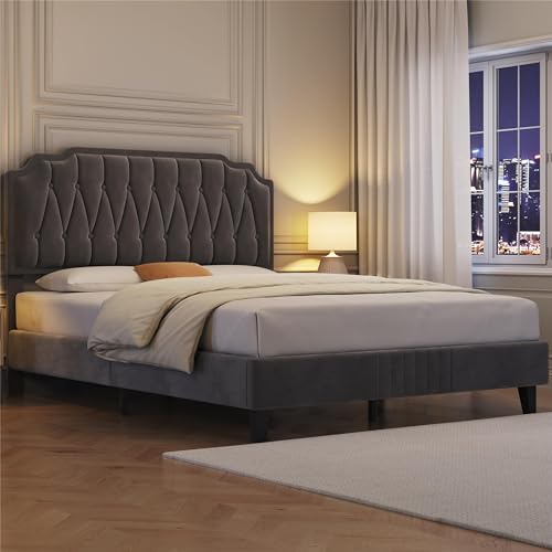 Yaheetech Polsterbett Doppelbett 140 × 200 cm Stoffbett Jugendbett Gepolstertes Bett mit höhenverstellbarem Kopfteil Bettrahmen mit Lattenrost, Dunkelgrau von Yaheetech