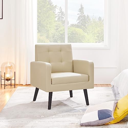 Yaheetech Relaxsessel mit Holzbeinen Ruhesessel Ohrensessel Polstersessel Einzelsofa Fernsehsessel bis 136 kg Belastbar fürs Wohnzimmer, aus Kunstleder, Beige von Yaheetech