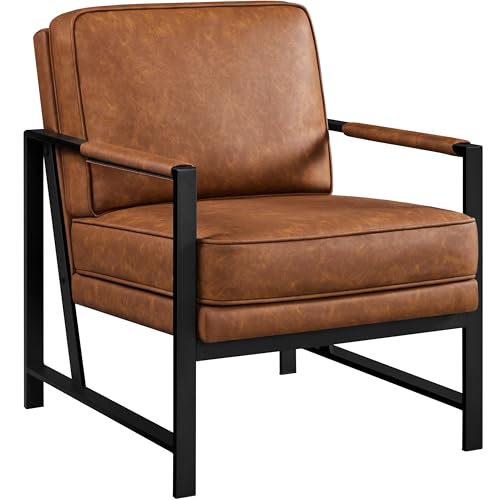 Yaheetech Retro Sessel Stuhl Lehnstuhl Relaxsessel mit Rückenlehne Einzelsessel mit Metallrahmen und Kunstleder, Hellbraun von Yaheetech