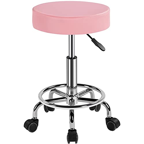 Yaheetech Rollhocker Höhenverstellbar 50,5–65 cm Sitzhöhe Drehhocker 360° Drehbar mit Polster Bürohocker bis 120 kg Arbeitshocker mit Rollen Hocker Rosa von Yaheetech