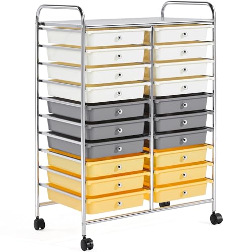 Yaheetech Rollwagen Badrollwagen Rollcontainer mit 20 stapelbaren Schubladen Allzweckwagen Metallgestell Aufbewahrungswagen Beistellwagen für Büro Küche Bad Wohnzimmer Gelb/Grau/Beige von Yaheetech