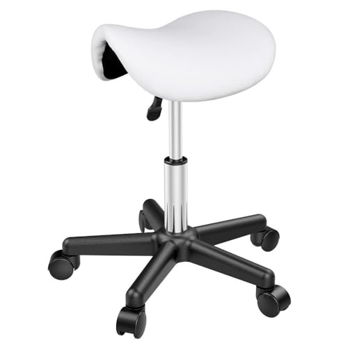 Yaheetech Sattelhocker, Rollhocker Drehhocker Praxishocker Arbeitshocker Bürohocker, höhenverstellbaren Hocker mit 5 Rollen Weiß von Yaheetech