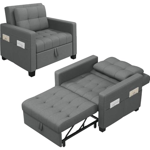 Yaheetech Schlafsessel mit Bettfunktion 3-in-1 Ausziehbares Schlafsofa Umwandelbarer Stuhl Bett Verstellbarer Einzelsessel mit Seitentasche, Liegefläche 190 x 71,5 cm, für kleinen Raum, Grau von Yaheetech