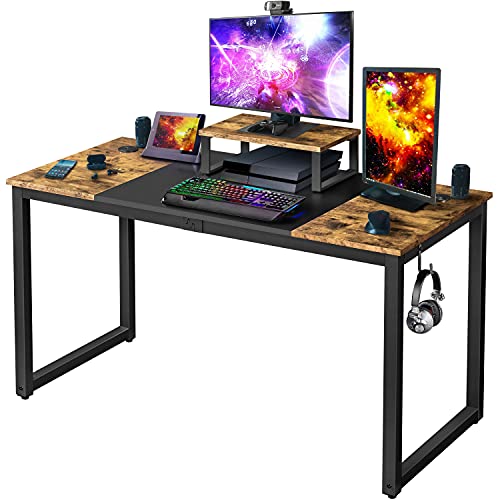 Yaheetech Schreibtisch, Computertisch, 140 x 89 x 60 cm, Gaming-/Arbeits-/Lerntisch mit Motorhalterung/2 Kabeldurchführungen/1 Kopfhörerhaken, Rustikales Braun von Yaheetech