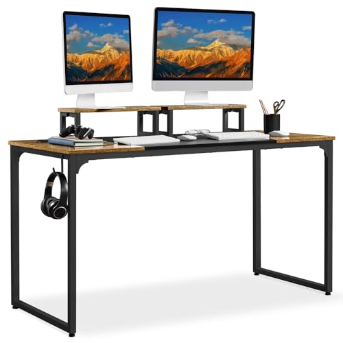 Yaheetech Schreibtisch Computertisch, Arbeitstisch Lerntisch mit 2 Motorhalterung/2 Kabeldurchführungen/1 Kopfhörerhaken, 140 × 60 × 89,5 cm, Rustikales Braun von Yaheetech