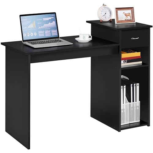 Yaheetech Schreibtisch Computertisch 112 x 82 x 50 cm, Arbeitstisch aus Holz, Bürotisch mit Schublade und 2 Ablagen, PC Tisch in Schwarz von Yaheetech