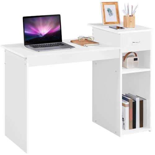 Yaheetech Schreibtisch Computertisch 112 x 82 x 50 cm, Bürotisch mit Schublade, Arbeitstisch 2 Ablage aus MDF, PC Tisch in Weiß von Yaheetech