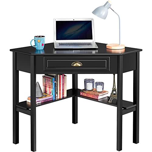 Yaheetech Schreibtisch Ecktisch Platzsparender Computertisch mit Schublade und Regalen Eckschreibtisch für Kleiner Raum, 106 × 71,5 × 77 cm Schwarz von Yaheetech