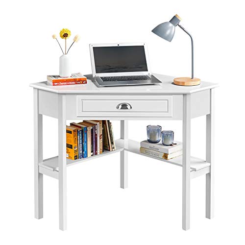 Yaheetech Schreibtisch Ecktisch Platzsparender Computertisch mit Schublade und Regalen Eckschreibtisch für Kleiner Raum, 106 × 71,5 × 77 cm Weiß von Yaheetech