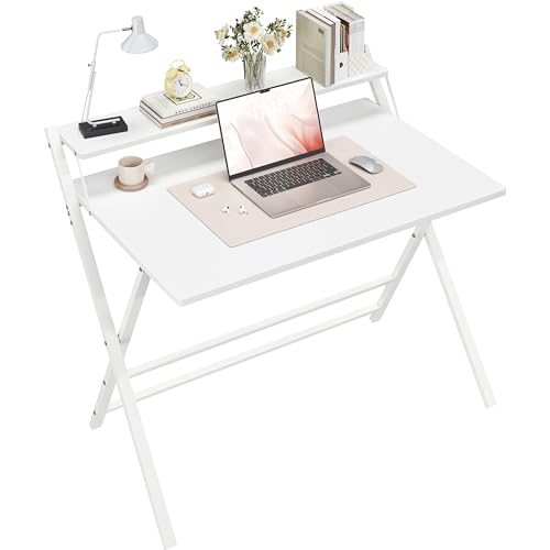 Yaheetech Schreibtisch Klappbar, 100 cm Computertisch mit Ablage, 2-Stufiger Arbeitstisch mit Monitorständer, Laptoptisch für Homeoffice/Kleine Räume/Wohnzimmer, Weiß/100 cm L × 50 cm B von Yaheetech