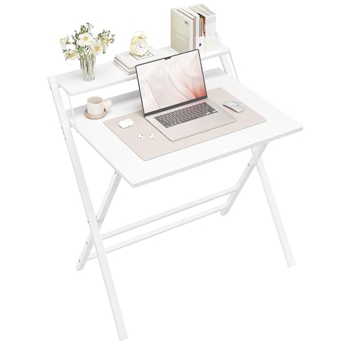 Yaheetech Schreibtisch Klappbar, 80 cm Computertisch mit Ablage, 2-Stufiger Arbeitstisch mit Monitorständer, Laptoptisch für Homeoffice/Kleine Räume/Wohnzimmer, Weiß/80 cm L × 50 cm B von Yaheetech