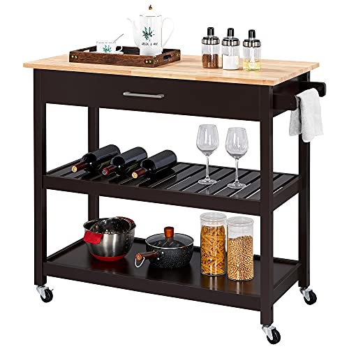 Yaheetech Servierwagen mit Schublade Küchenwagen mit 2 Ablagen Rollwagen Küchenrollwagen mit 4 Rollen Küchenregal Bewegliche Kücheninseln Beistelltisch 51 x 101,5 x 92 cm, braun von Yaheetech