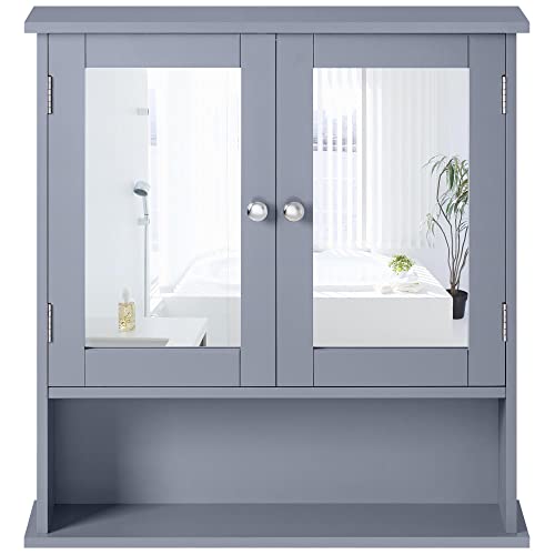 Yaheetech Spiegelschrank, Badschrank, Hängeschrank mit Spiegeltür, Badezimmerspiegel Wandschrank mit 3 Ablagen 56 cm x 13 cm x 58 cm Grau von Yaheetech