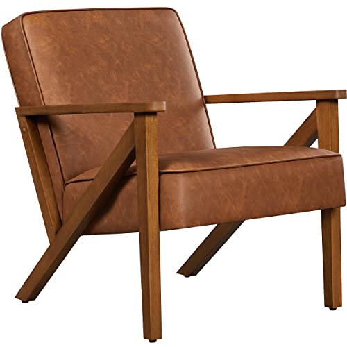 Yaheetech Loungesessel Sessel Vintage Relaxsessel Kunstleder mit Massivholzbeinen Einzelsofa für Wohnzimmer/Schlafzimmer/Empfangsbereich Hellbraun von Yaheetech
