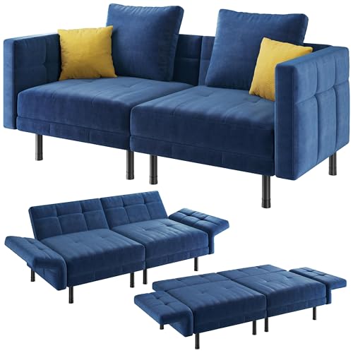 Yaheetech Trennbares Sofa mit Schlaffunktion, Schlafsofa 2 Sitzer aus Samtstoff, Schlafcouch mit 4 Kissen, 170x80x72.5 cm Multifunktionaler Schlafsessel fürs Wohnzimmer/Schlafzimmer/Gästezimmer, Blau von Yaheetech