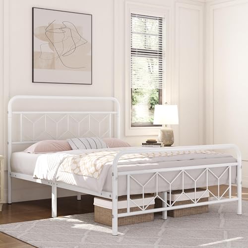 Yaheetech Vintage Bettrahmen Metallbett 140 x 200 cm mit Hohem Kopfteil, Moderner Minimalistischer Doppelbett Bettgestell Gästebett mit Lattenrost & Stauraum unter dem Bett für Schlafzimmer, Weiß von Yaheetech