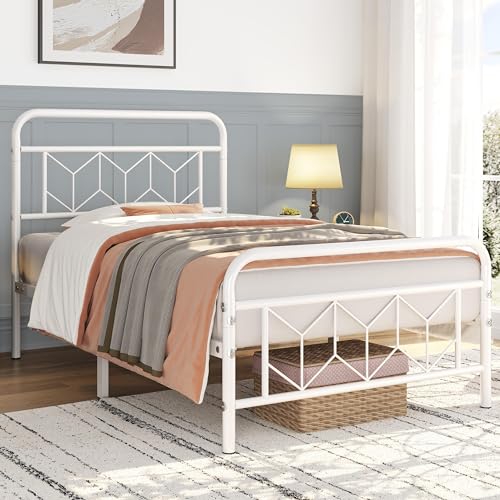 Yaheetech Vintage Metallbett 90 x 200 cm, Bettrahmen Bettgestell mit Hohem Kopfteil, Moderner Minimalistischer Einzelbett mit Lattenrost für Schlafzimmer, Rauchiges Weiß von Yaheetech