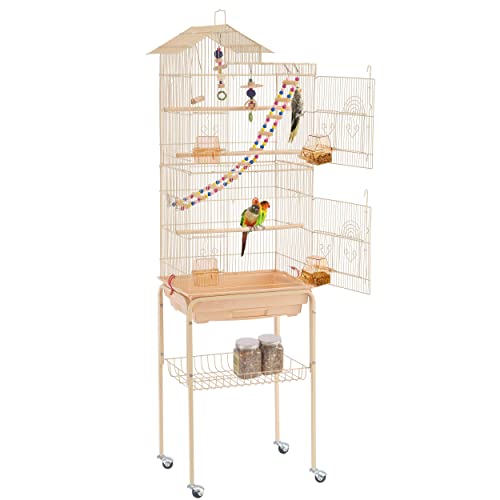 Yaheetech Vogelkäfig Wellensittich Kanarien Käfig mit Vogelspielzeug mit Ständer 46 x 35,5 x 158,5 cm Almond von Yaheetech