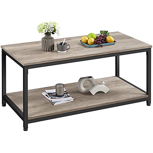 Yaheetech Couchtisch Holz Wohnzimmertisch mit Ablagen Stahlgestell Sofatisch Kaffeetisch Industrie-Design, 100 × 50 × 45 cm Grau von Yaheetech