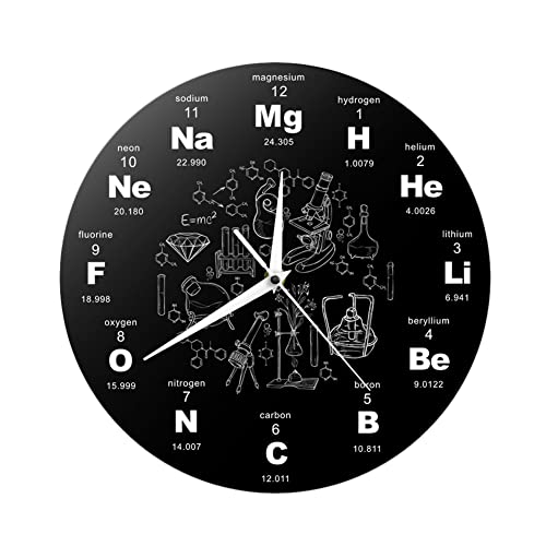 Wanduhr mit chemischen Symbolen, Wanddekoration, für die Wissenschaft der Chemie, 30 cm, dekorative Uhren, periodische Tischchemie, rund, modernes Design, für Haus, Büro, Schule von Yajexun