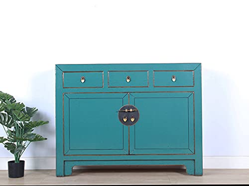 Yajutang chinesische Kommode Sideboard 3 Schubladen 2 Türen türkis RAL5018 von Yajutang