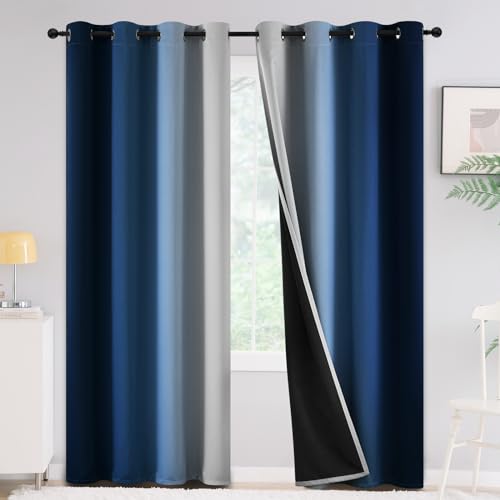 Yakamok 100 % Verdunkelungsvorhänge, 213,4 cm lang, Raumverdunkelung, blaue Vorhänge, Ombré-Vorhänge für Schlafzimmer, mit Ösen, wärmeisoliert, Farbverlauf, Vorhänge für Wohnzimmer, 2 Paneele, 132,1 x von Yakamok