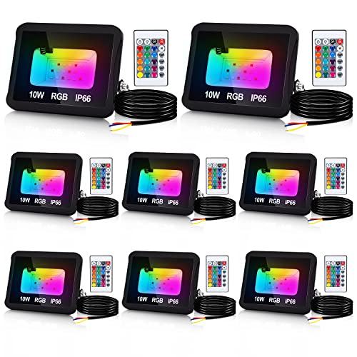 Yakimz 10W RGB Strahler mit Fernbedienung, 8 Stück Farbwechsel RGB LED Scheinwerfer, 16 Farben 4 Modi, IP66 Wasserdicht Außenstrahler für Garten Garage Baum Hochzeit Stimmungslichter von Yakimz