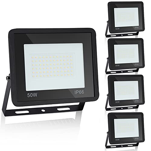 Yakimz LED Strahler 50W, 5er LED Fluter Außen 6000K Kaltweiß Scheinwerfer Flutlicht Aussen, 4250LM Superhell, IP66 Wasserfest Gartenbeleuchtung Flutlichtstrahler Außenleuchte für Terrasse Sportplatz von Yakimz