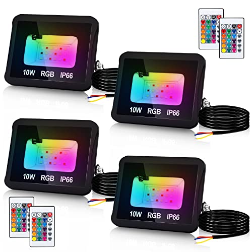 Yakimz 4er 10W RGB Strahler mit Fernbedienung, Außen Innen LED Scheinwerfer Flutlicht 16 Farben 5 Modi Farbwechsel Fluter Memoryfunktion,IP66 Wasserdicht Licht für Bühne Party Hinterhof Deko von Yakimz