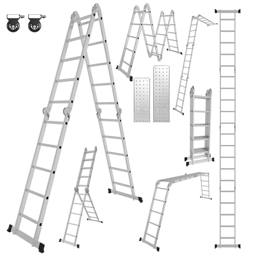 Yakimz 5.82M Mehrzweckleiter 7 in1 Aluminium Multifunktionsleiter, 4x5 Stufen Multifunktionsleiter mit 2 Gerüstplatten und 2 Rollen, Klappleiter Arbeitsleiter Haushaltsleiter Steigleiter|bis 150 kg von Yakimz