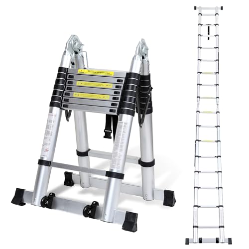 Yakimz 5M Teleskopleiter Klappleiter, Ausziehbar Mehrzweckleiter Aluminiumleiter, Tragbar Stehleiter Teleskop Bis 150 kg Belastbarkeit (2.5+2.5M) von Yakimz