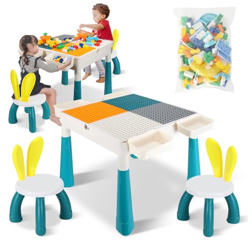 Yakimz 7-in-1-Kinder-Aktivitäts-Tischset, Kindertisch mit 2 Stühle Spieltisch mit 251 Stück Bausteine, Höhenverstellbarer Multifunktionaler Bausteine Set von Yakimz